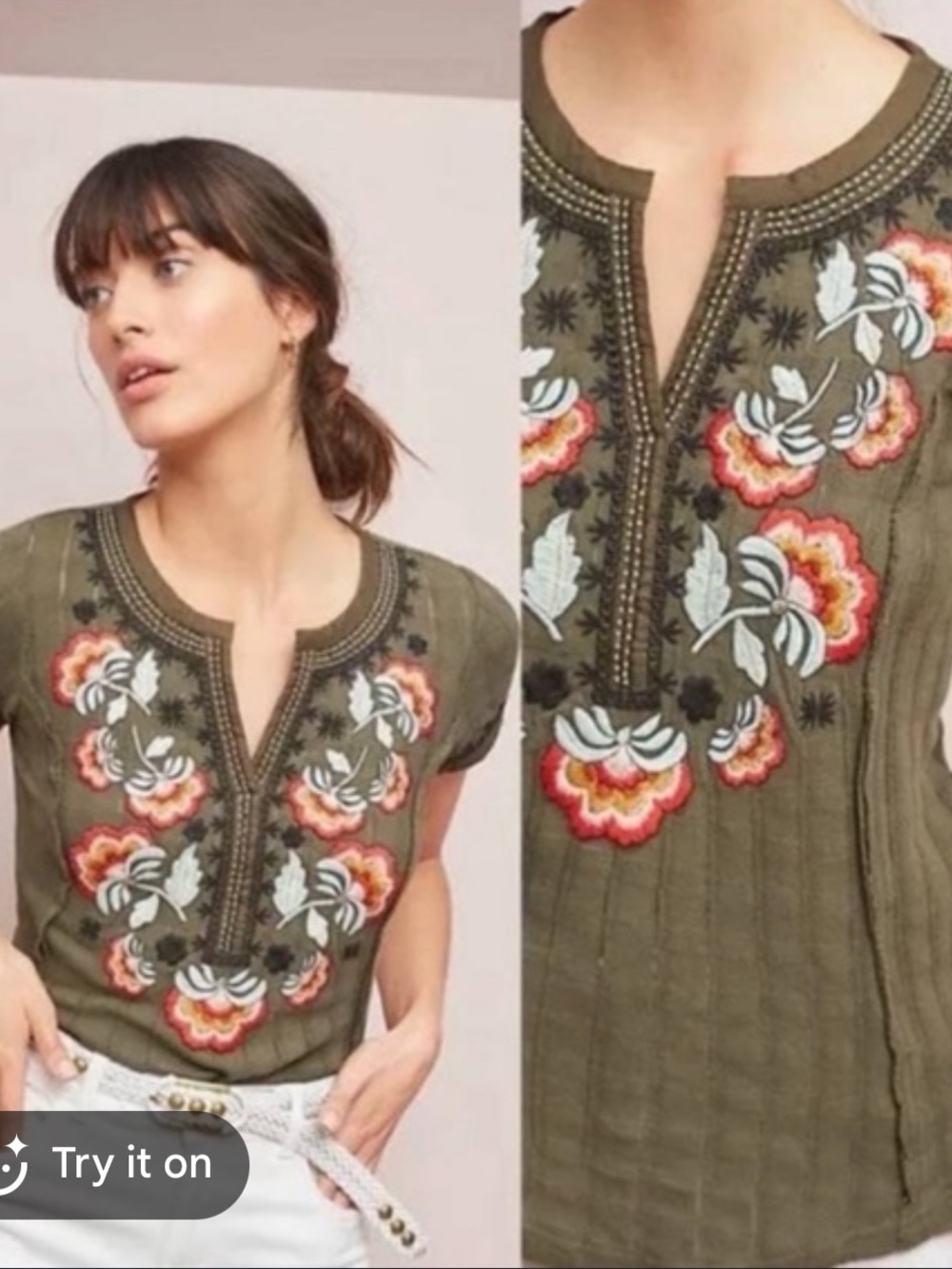 Anthropologie Akemi Kin Olive Embroidered beaded Floral Short-Sleeve Top